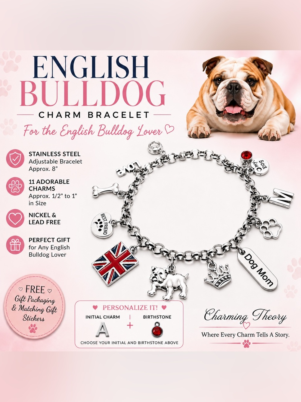 English Bulldog Charm Bracelet Dog Mom Gift British Bulldog Jewelry Personalized